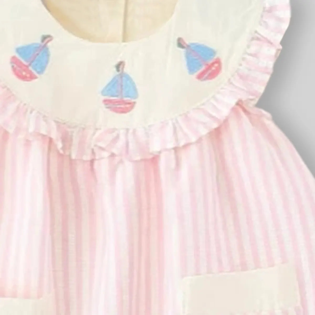 Girls Pink Stripes Sleeveless A-line Dress With Seaboat Embroidery Casual Dresses