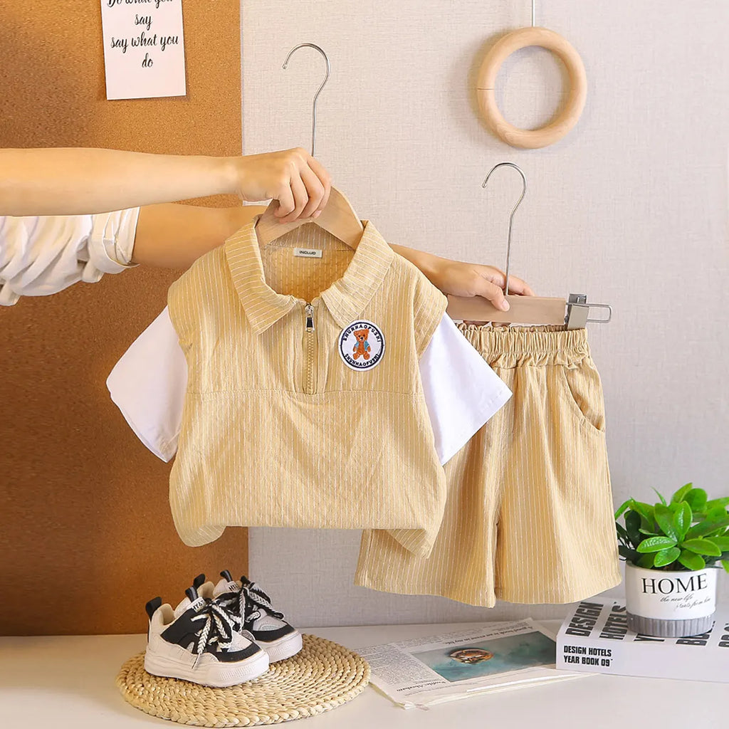 Boys Khaki Stripes Hal Ziper Polo T-Shirt With Shorts Sets Sets Khaki 1-2 Y