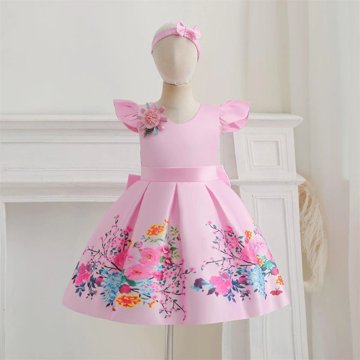 Girls Pink Floral Print Flutter Sleeve Fit & Flare Party Wear Dress Party Dresses Pink 1-2 Y