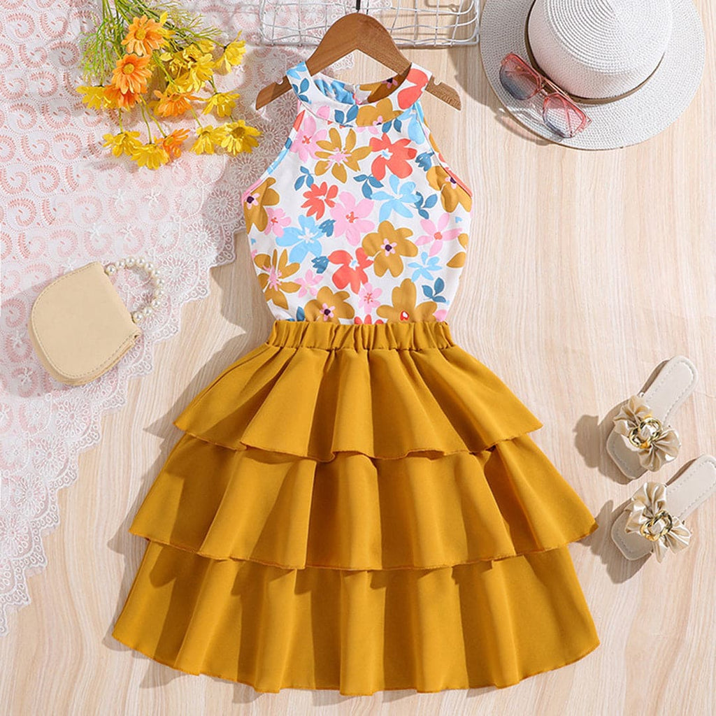 Girls Halter Neck Floral Print Top With Tiered Skirt Set