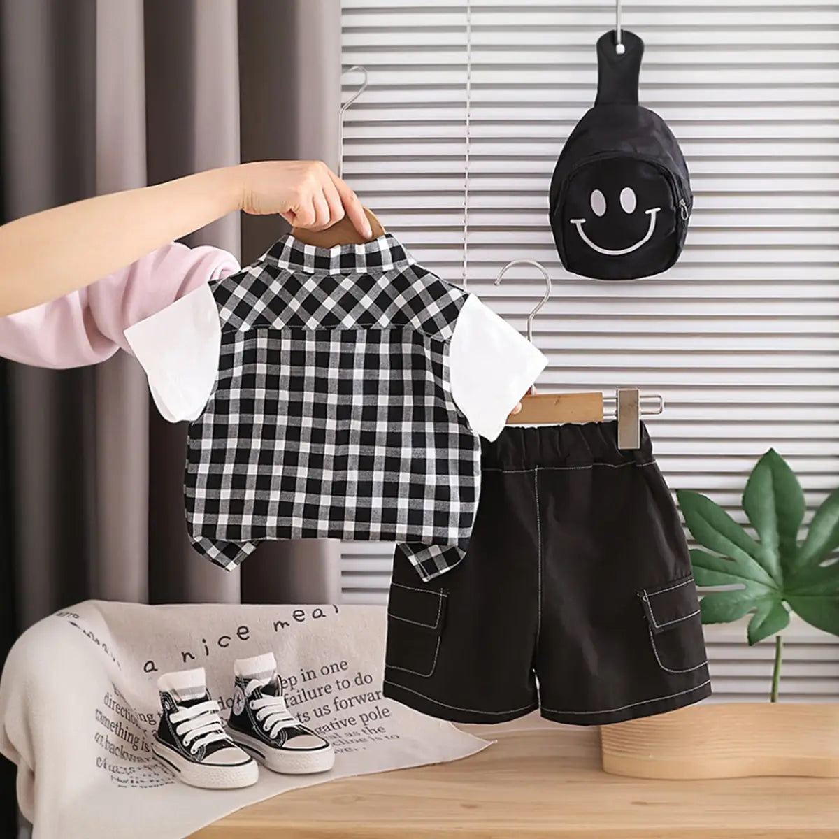 Boys Black Checked Shirt With Cargo Shorts Sets Sets
