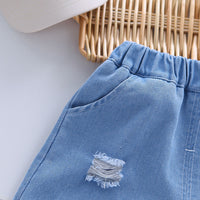 Boys Green Teddy Patch Short Sleeves T-Shirt With Denim Shorts set 2 pc. Sets