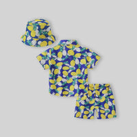 Boys Yellow Pineapple Print Button-Down Shirt With Shorts & Hat Co-ord Sets Sets