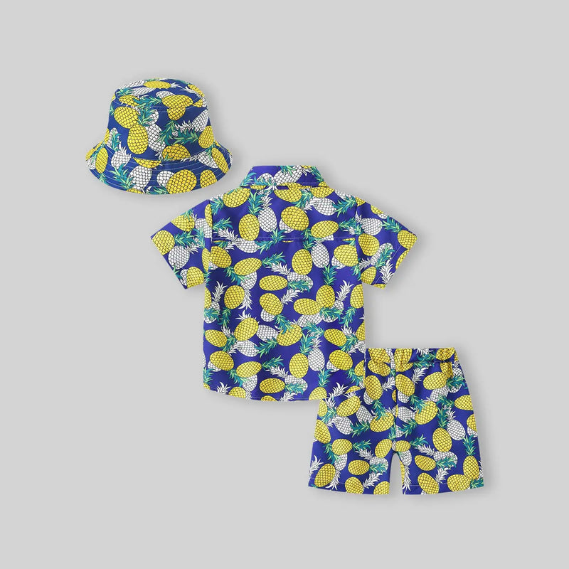 Boys Yellow Pineapple Print Button-Down Shirt With Shorts & Hat Co-ord Sets Sets