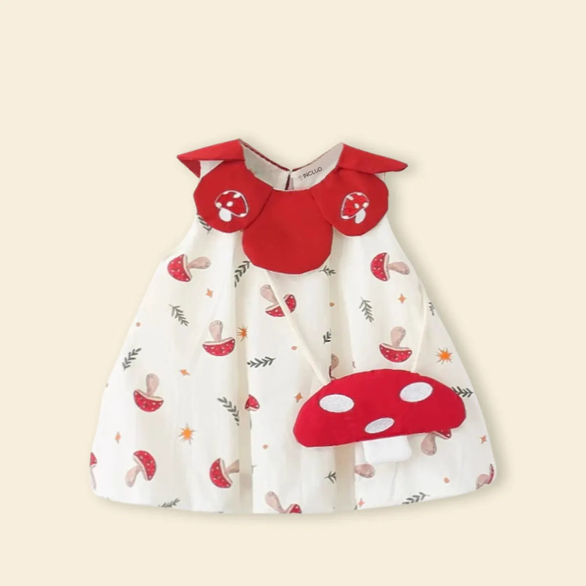 Girls Off White Printed Mushroom Theme Sleeveless A-line Dress Casual Dresses