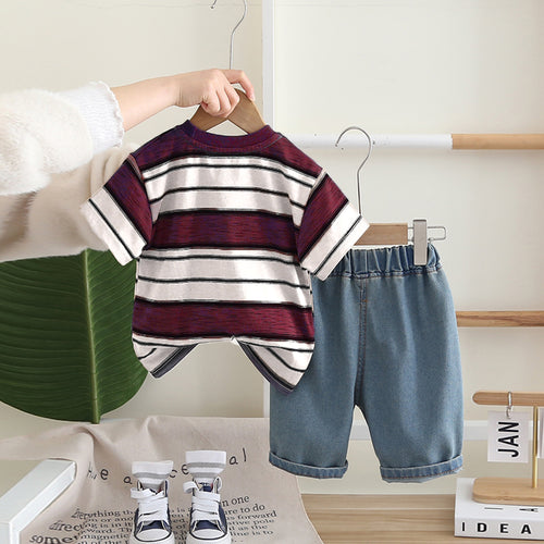 Boys Maroon Headphone Graphic Stripes T-Shirt With Denim Shorts Set 2 pc. Sets