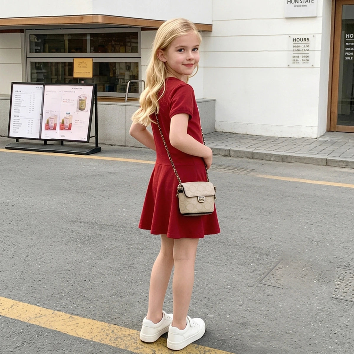 Girls Maroon Bow Graphic A-Line Dress With Short Sleeves Casual Dresses