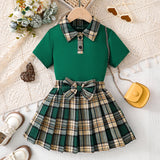 Girls Dark Green Short Sleeve Polo Top With Checked Skirt Sets
