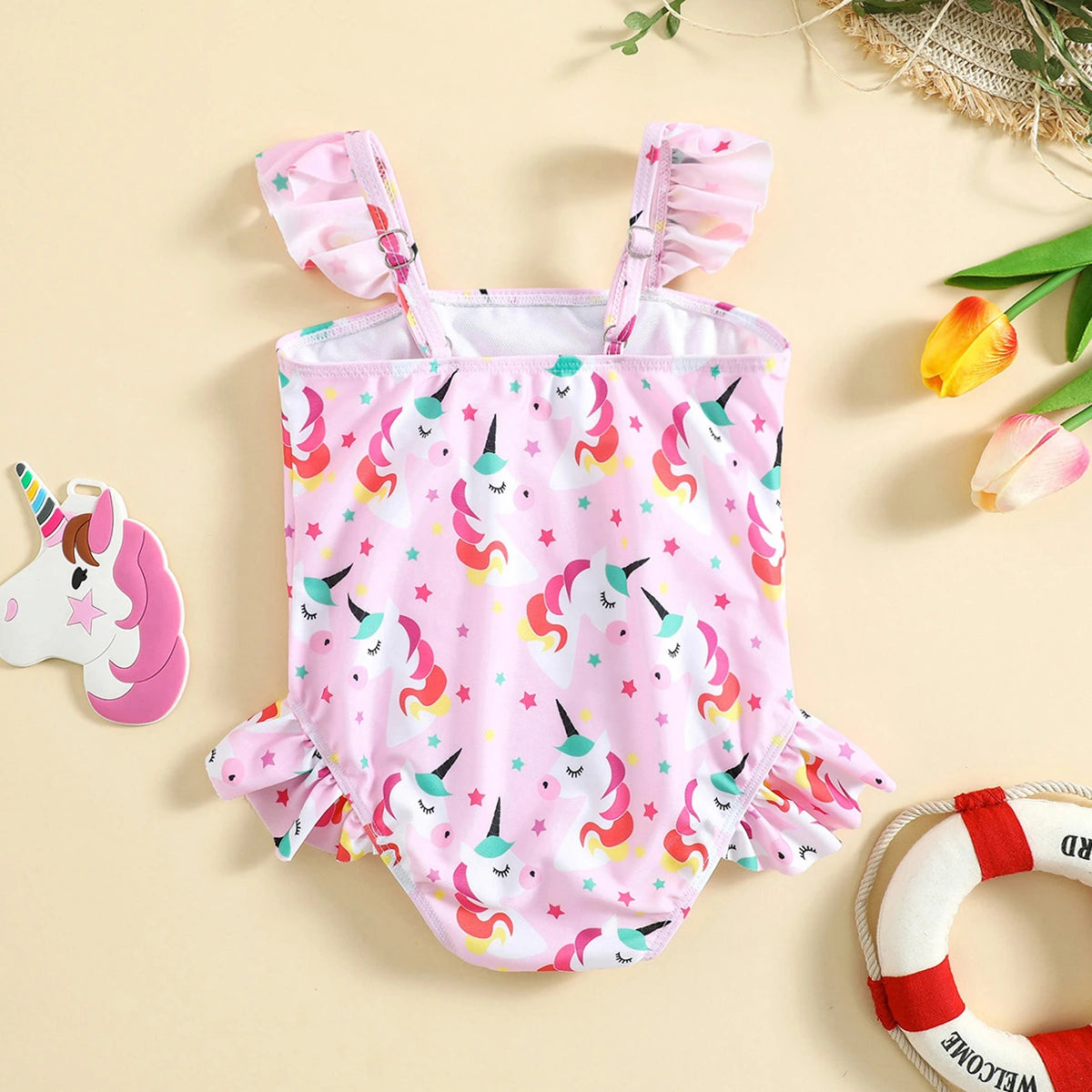 Girls Pink Unicorn Printed Sleeveless Bodysuit Swimwear Beachwear