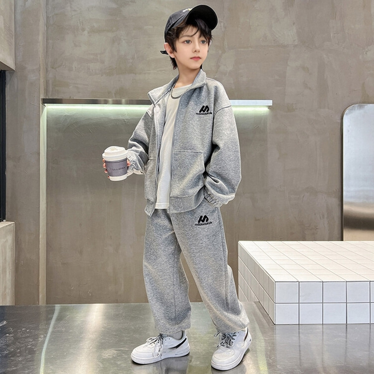 Boys Grey Printed Front Open Sweatshirt With Pants Sets 2 pc. Sets