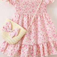 Girls Pink Floral Printed Square Neck Fit & Flare Dress Casual Dresses