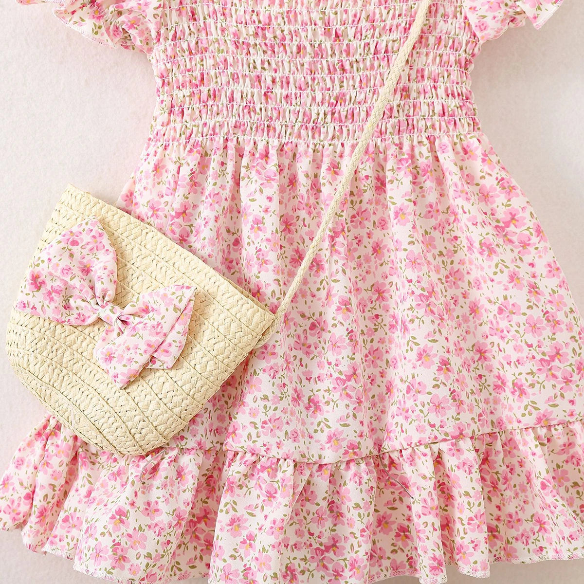 Girls Pink Floral Printed Square Neck Fit & Flare Dress Casual Dresses