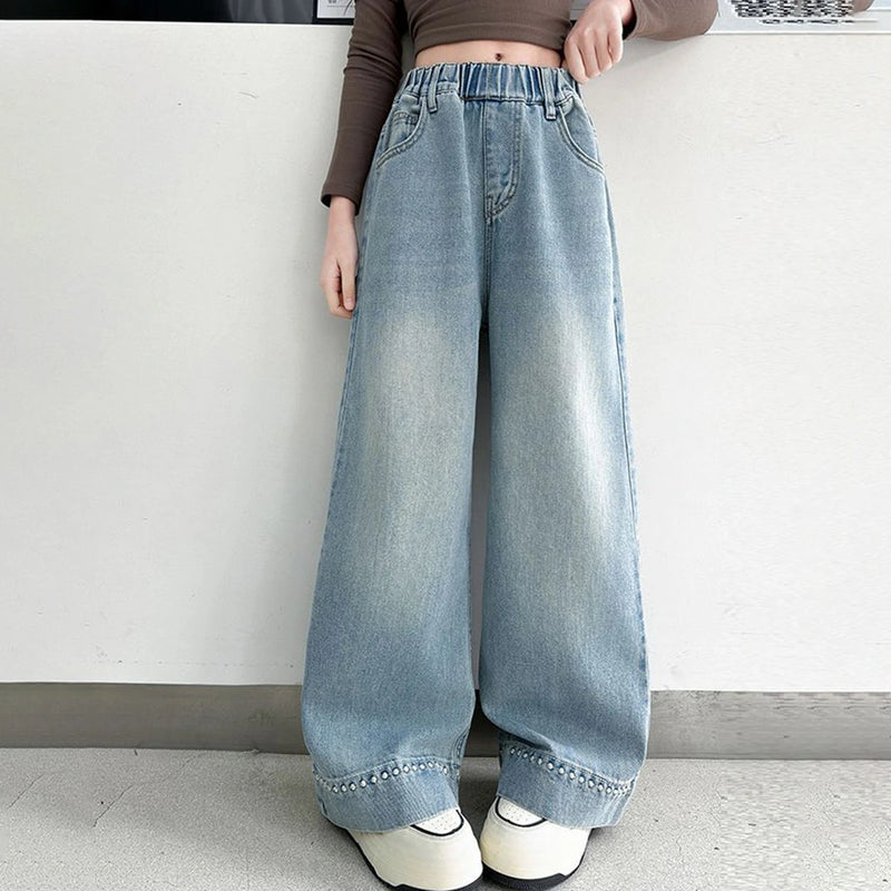 Girls Light Blue Embellished Loose Fit Denim Jeans Pants
