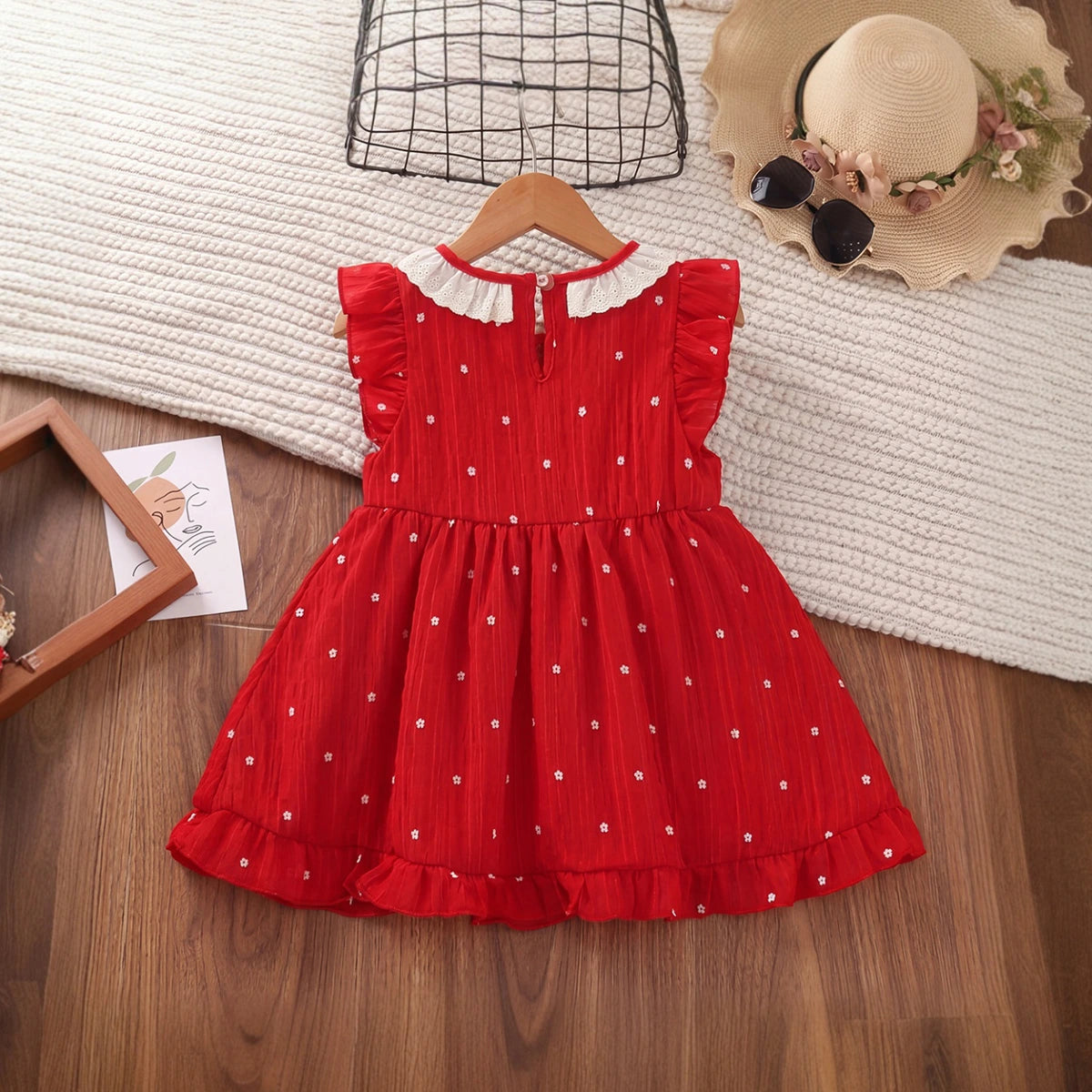 Girls Red Floral Print Flutter Sleeve Fit & Flare Dress Casual Dresses