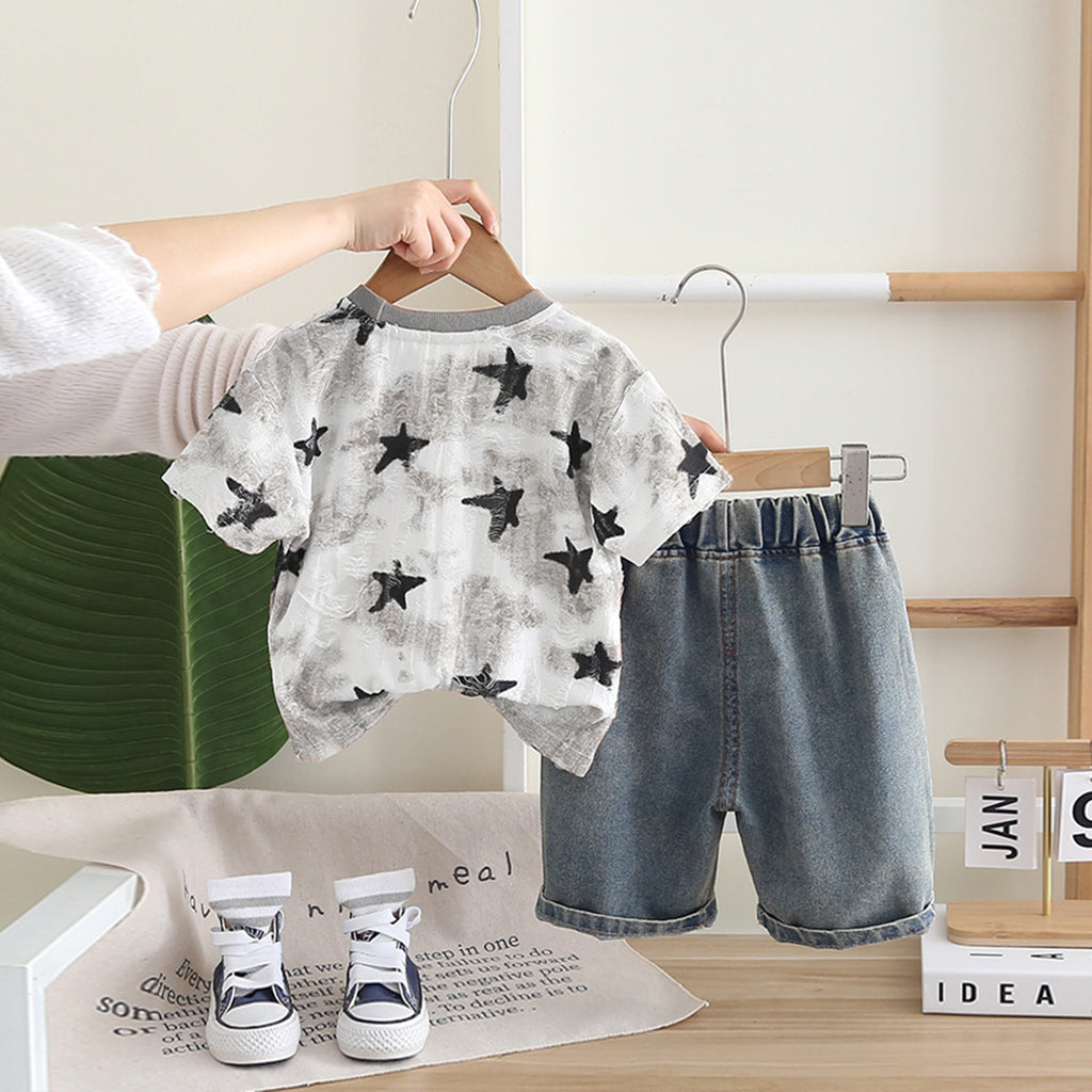 Boys Grey Star Print Shorts Sleeves T-Shirt With Denim Shorts Set 2 pc. Sets