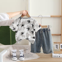 Boys Grey Star Print Shorts Sleeves T-Shirt With Denim Shorts Set 2 pc. Sets