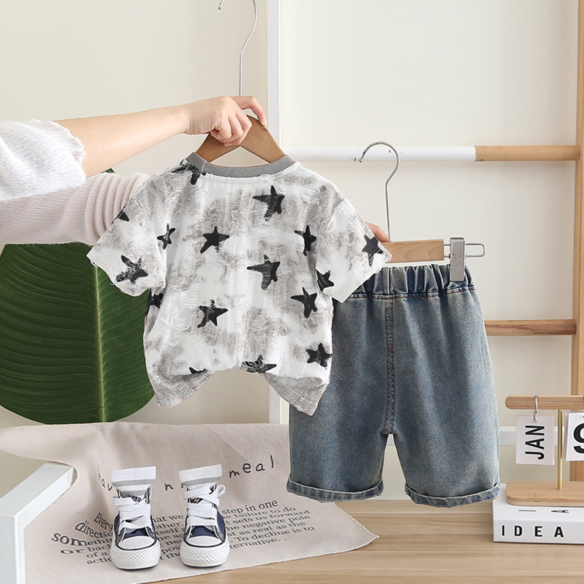 Boys Grey Star Print Shorts Sleeves T-Shirt With Denim Shorts Set 2 pc. Sets