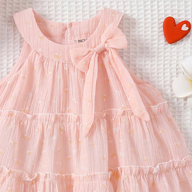 Girls Light Pink Bow Print Sleeveless Tiered Summer Dress Casual Dresses