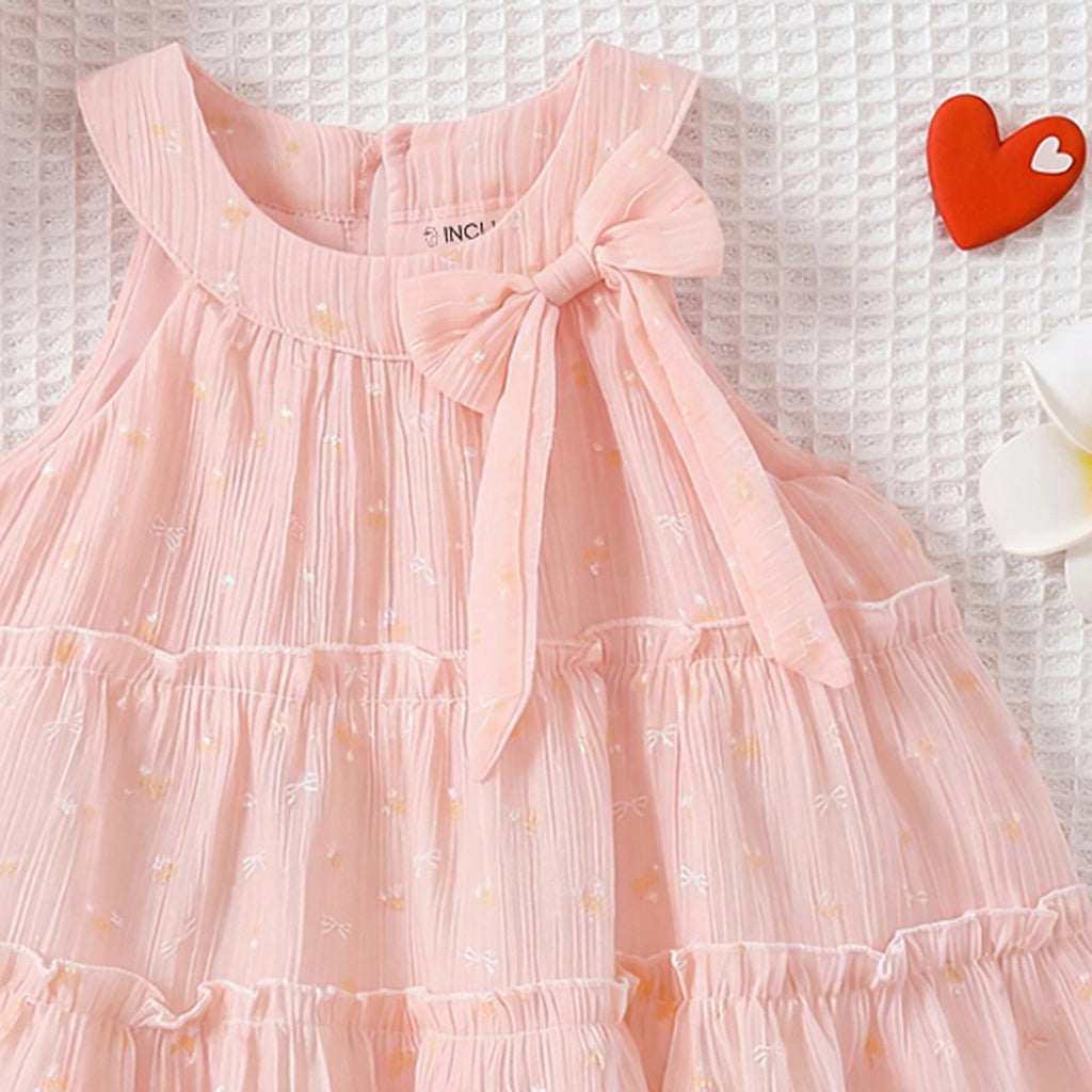 Girls Light Pink Bow Print Sleeveless Tiered Summer Dress Casual Dresses
