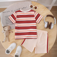 Boys Apricot Stripes Print Short Sleeve T-Shirt With Elasticated Shorts Set 2 pc. Sets