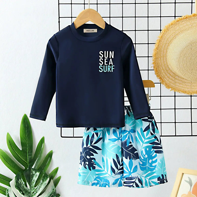 Boys Navy Blue Typographic Printed Long Sleeves T-Shirt & Shorts Swimsuit Sets Sets Navy Blue 3-4 Y
