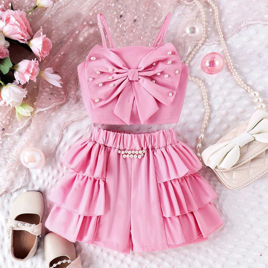 Girls Bow Applique Crop Top With Flared Shorts Set
