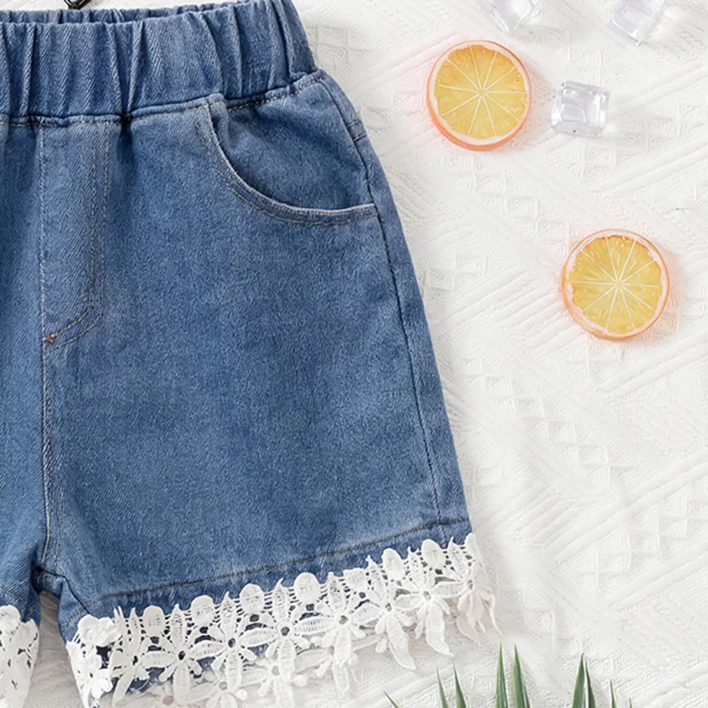 Girls Blue Solid Denim Shorts With Floral Lace Trim Shorts