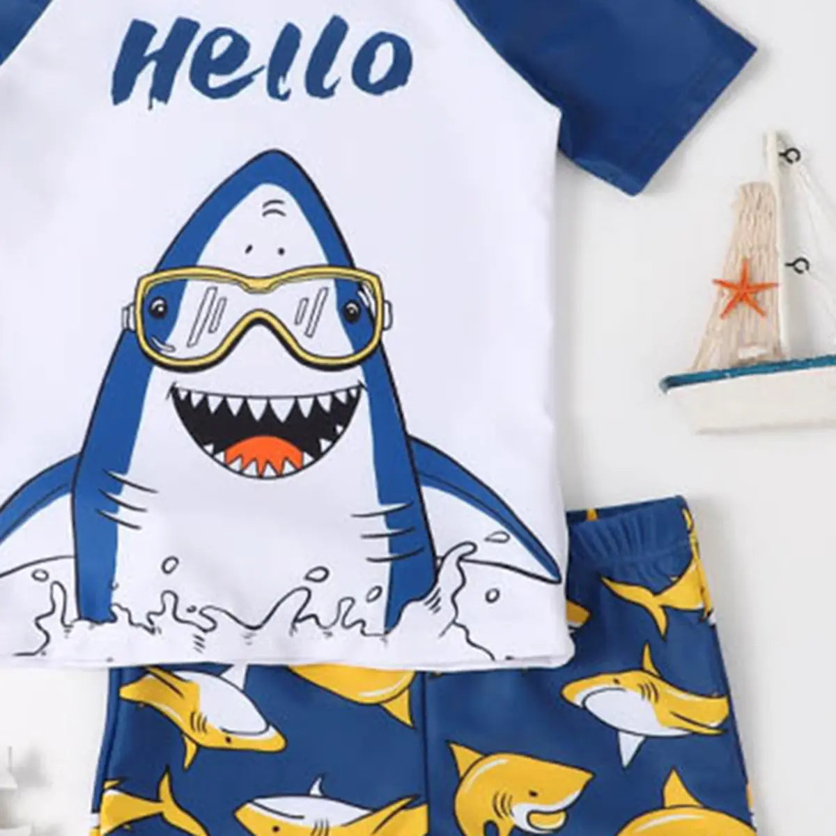 Boys White Shark Print T-Shirt With Shorts & Swim Cap Swimwear Sets Beachwear