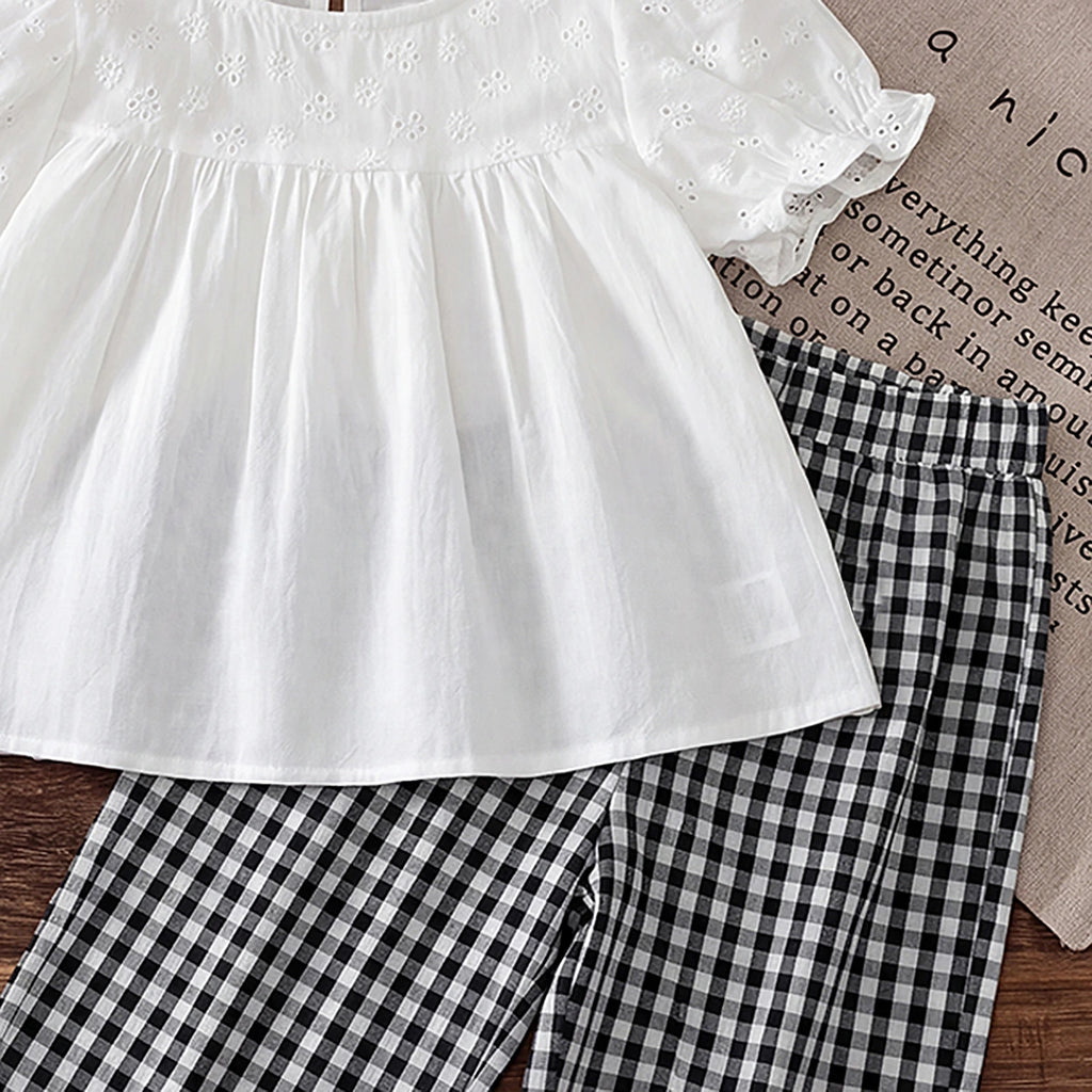 Girls White Schiffli Embroidered Puff Sleeve Top With Checked Pants Sets 2 pc. Sets