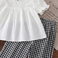 Girls White Schiffli Embroidered Puff Sleeve Top With Checked Pants Sets 2 pc. Sets