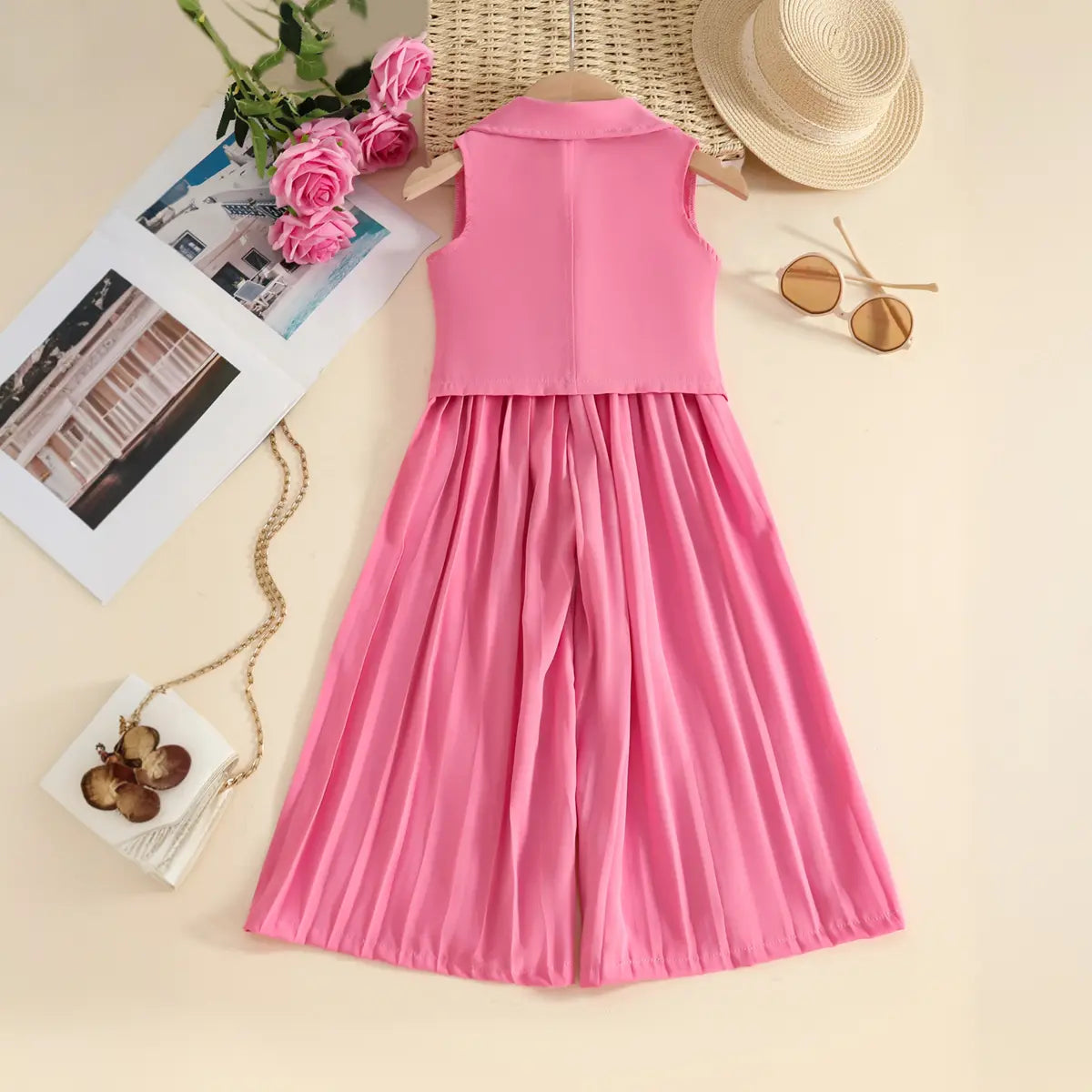 Girls Pink Sleeveless Vest With Pleated Flared Pants Set Sets
