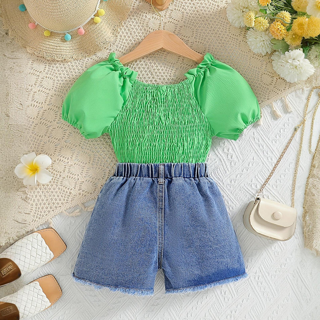 Girls Puff Sleeves Top With Embroidered Denim Shorts Set