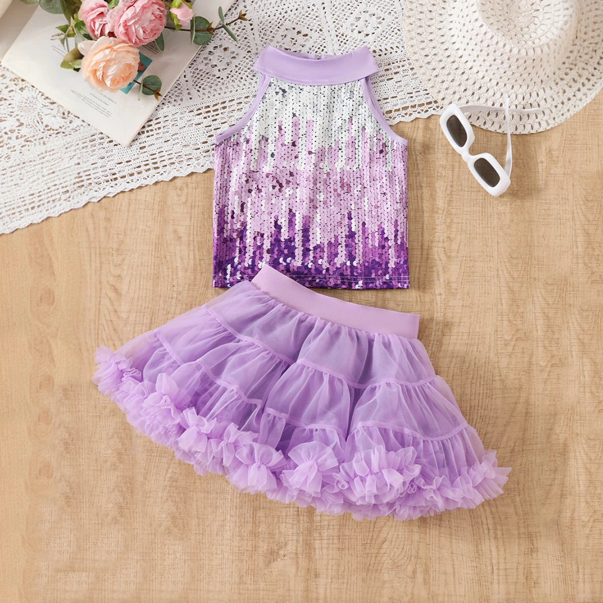 Girls Purple Sequins Embellished Halter Top With Tiered Tulle Skirts Set Sets Purple 3-4 Y
