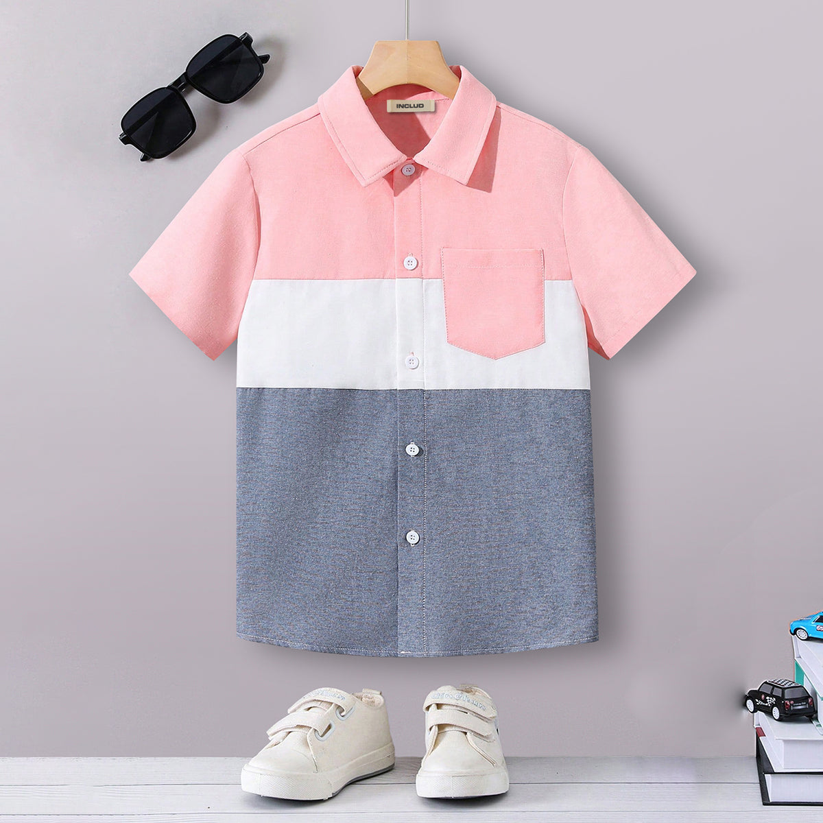 Boys Pink Short Sleeve Color-blocked Shirt Shirts
