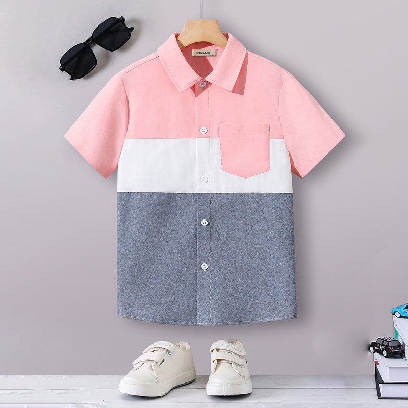 Boys Pink Short Sleeve Color-blocked Shirt Shirts