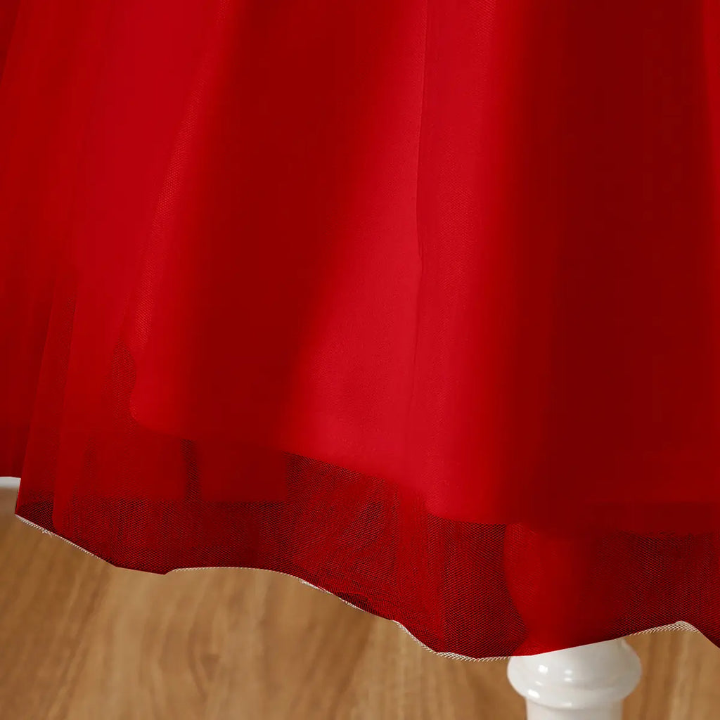 Girls Red Long Sleeves Fit & Flare Party Dress With Lace & Tulle Overlay Party Dresses