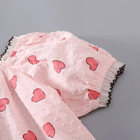 Girls Pink Heart Print Puff Sleeve Top With Shorts Sets Sets