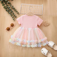 Girls Pink Kitty Applique Short Sleeve Ruffled Hem Fit & Flare Dress Casual Dresses