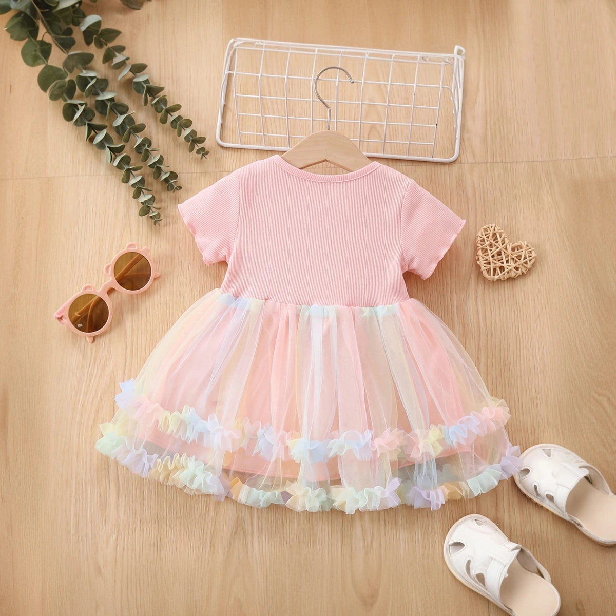Girls Pink Kitty Applique Short Sleeve Ruffled Hem Fit & Flare Dress Casual Dresses