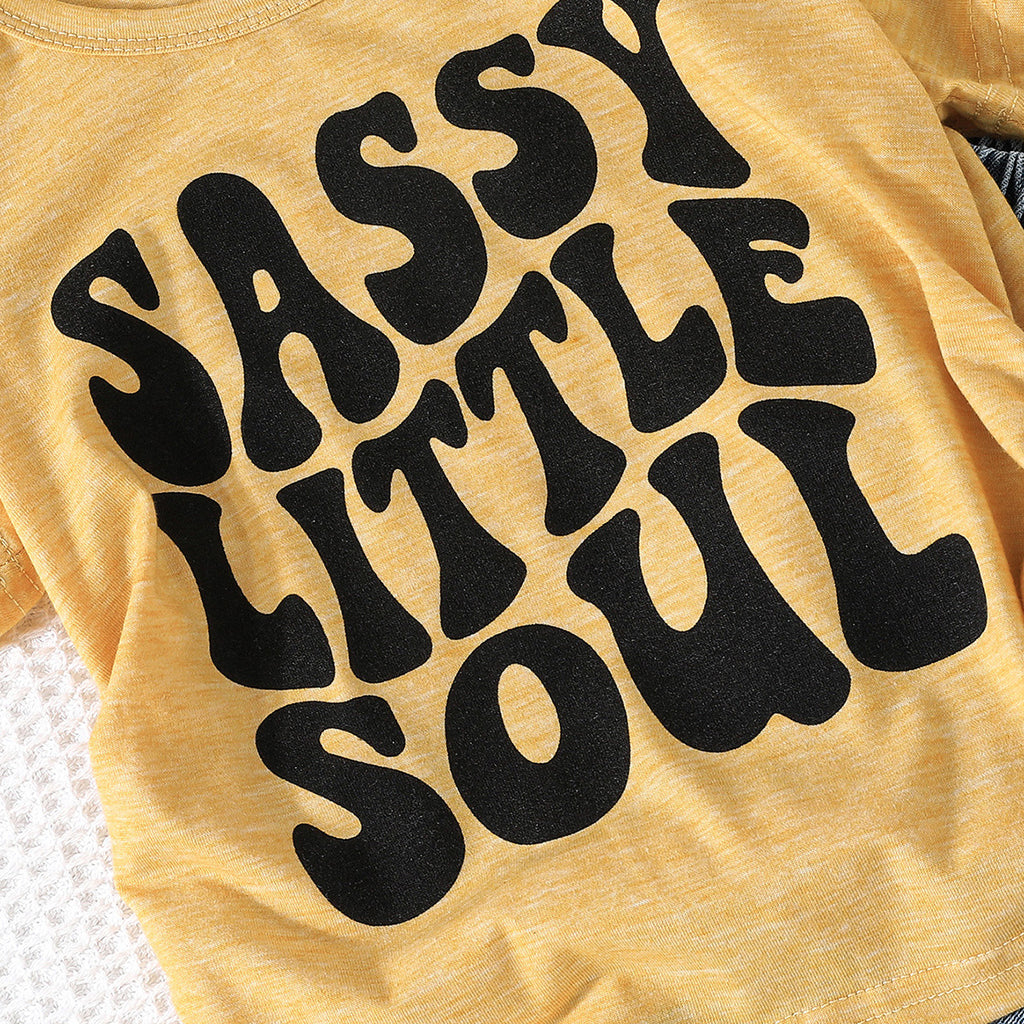 Girls Yellow Printed T-shirt with Embroidered Denim Shorts Set Sets