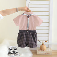 Boys Pink Printed Short Sleeves Shirt With Checked Suspenders Shorts Set Sets