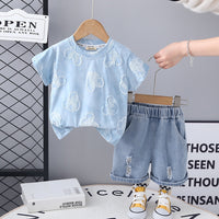 Girls Blue Puff Print Short Sleeve T-Shirt With Denim Shorts Set 2 pc. Sets Blue 1-2 Y