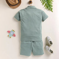 Boys Green Typographic Printed Short Sleeves Shirt With Elasticated Shorts And Printed T-shirt Sets 3 pc. Sets