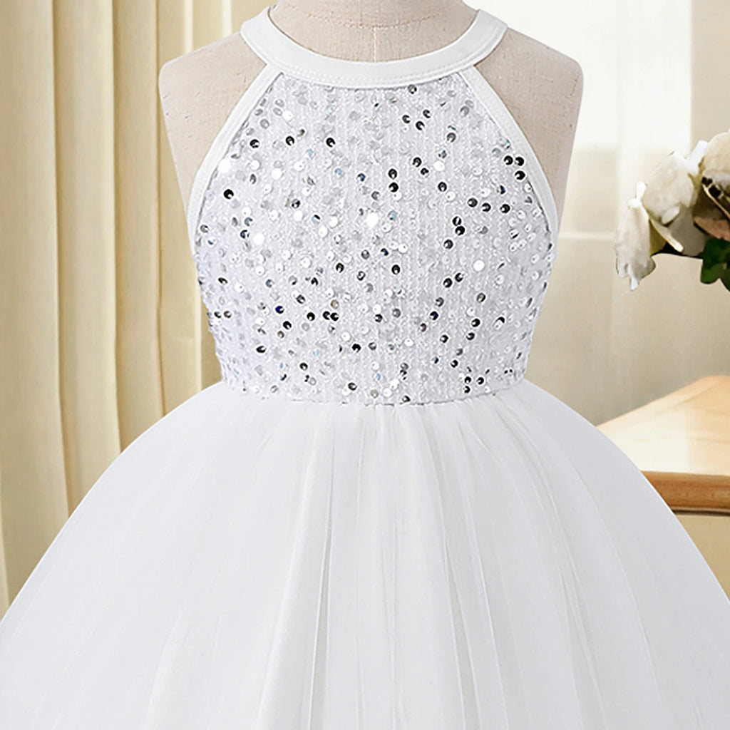 Girls White Sequin Embellished Sleeveless Fit & Flare Dress Casual Dresses