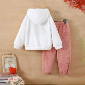 Girls White Heart Embroidered Hooded Fleece Sweatshirt With Jogger Set 2 pc. Sets