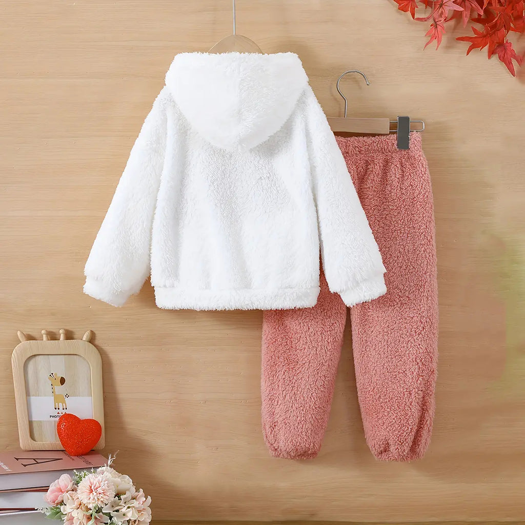 Girls White Heart Embroidered Hooded Fleece Sweatshirt With Jogger Set 2 pc. Sets