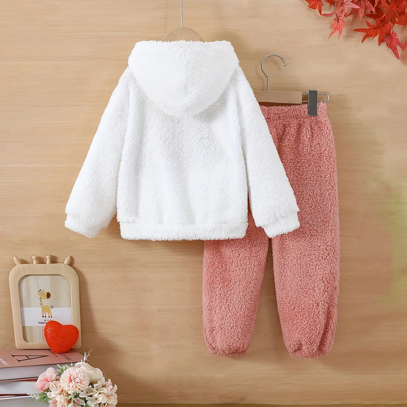 Girls White Heart Embroidered Hooded Fleece Sweatshirt With Jogger Set 2 pc. Sets