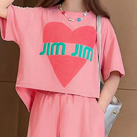Girls Pink Heart Print Short Sleeves Top With Shorts Set Sets