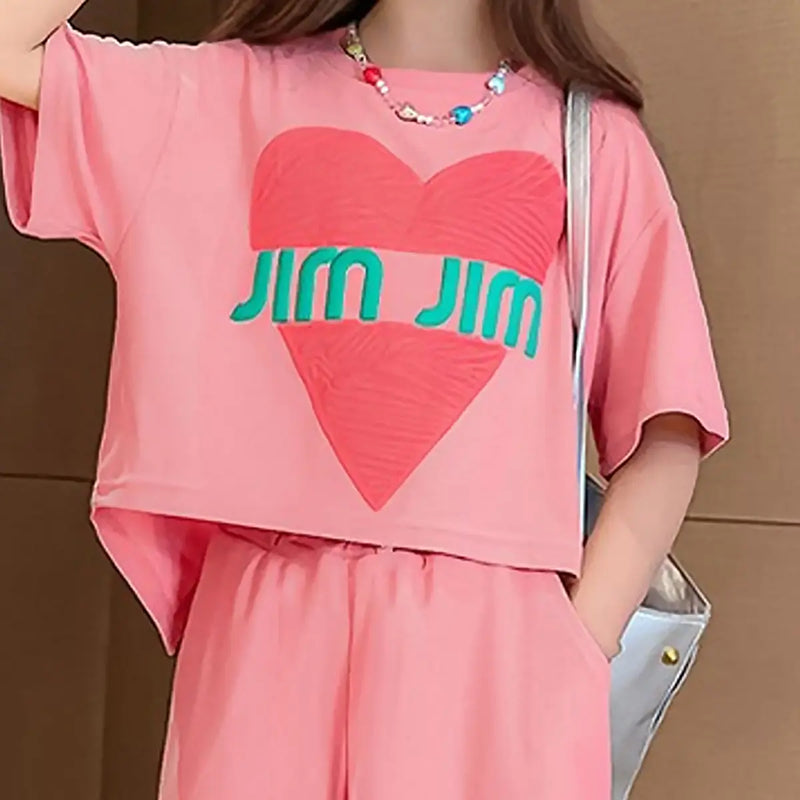 Girls Pink Heart Print Short Sleeves Top With Shorts Set Sets