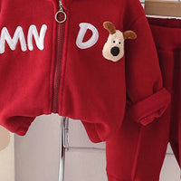 Boys Red Letters Embroidered Fleece Hooded Zipper Jacket With Jogger Co-ord Sets Sets
